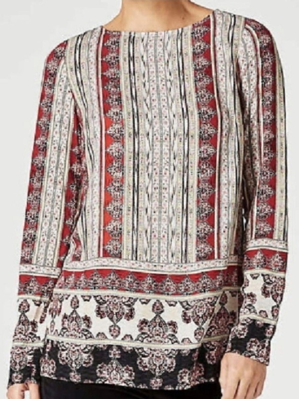 J.Jill Women M Red Stripe Border Print Boho Long Sleeve Pullover Tunic Blouse
